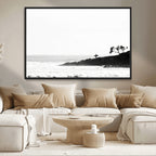 Surfer Cliffs Wall Art Canvas Print, Framed Black White Beach and Ocean Waves