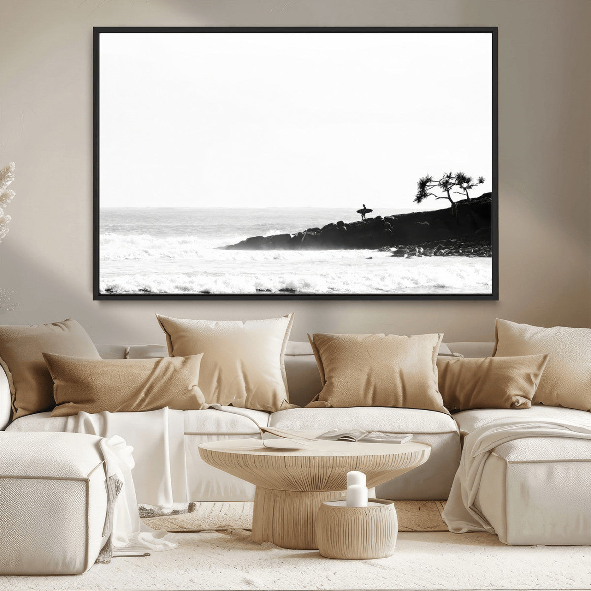 Surfer Cliffs Wall Art Canvas Print, Framed Black White Beach and Ocean Waves