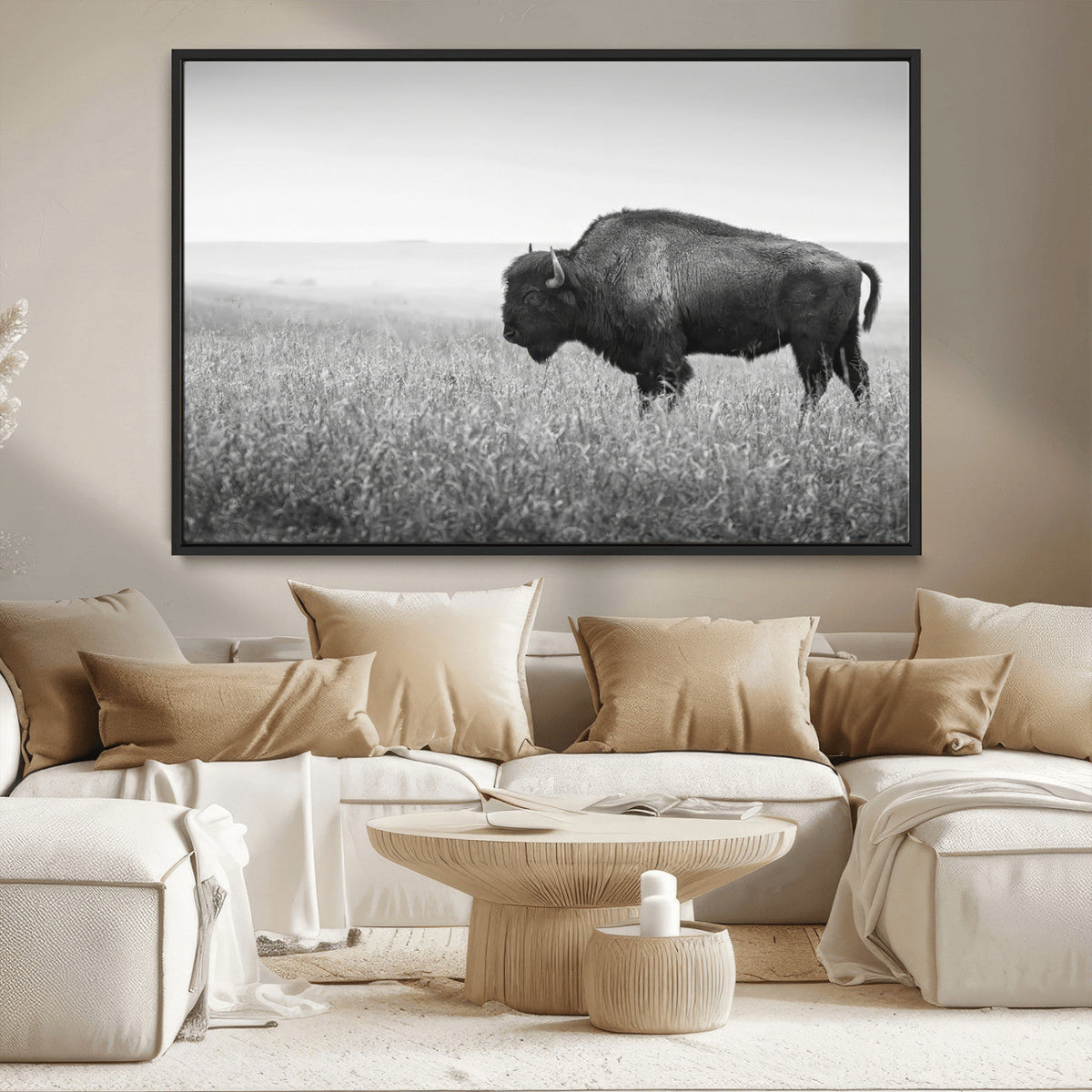 Bison Wall Art Canvas Print, Framed Rustic Wildlife Scene with Wild Buffalo