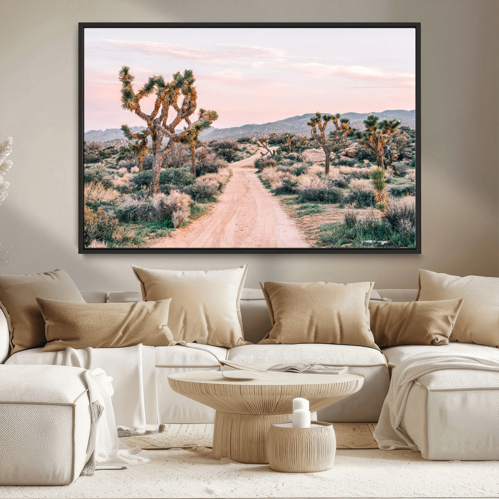 Joshua Tree Wall Art Canvas Print, Framed Desert Road Scene at Sunset