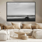 Motorcycle Beach Wall Art Canvas Print, Framed Vintage Motorcycle and Biker Silhouette