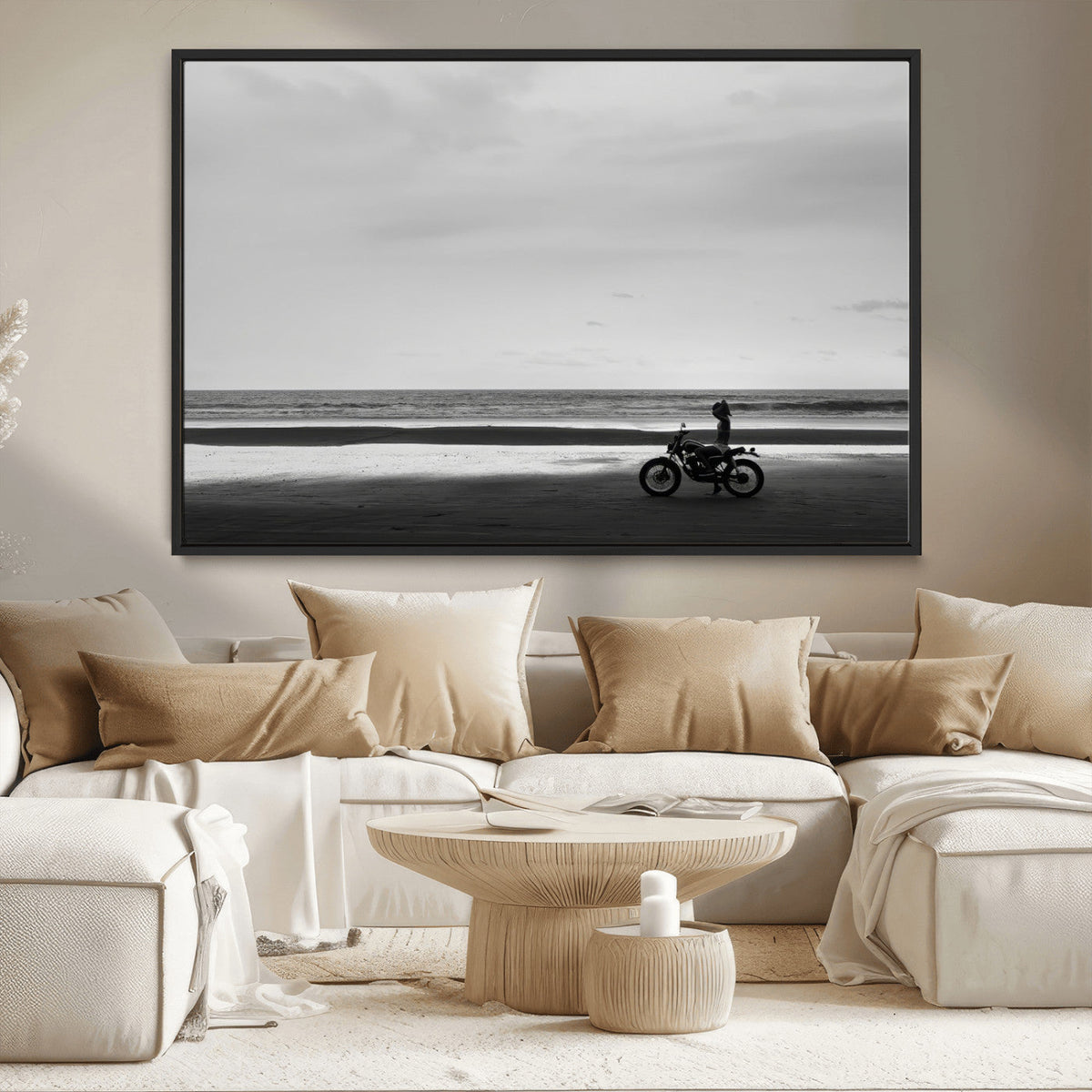 Motorcycle Beach Wall Art Canvas Print, Framed Vintage Motorcycle and Biker Silhouette