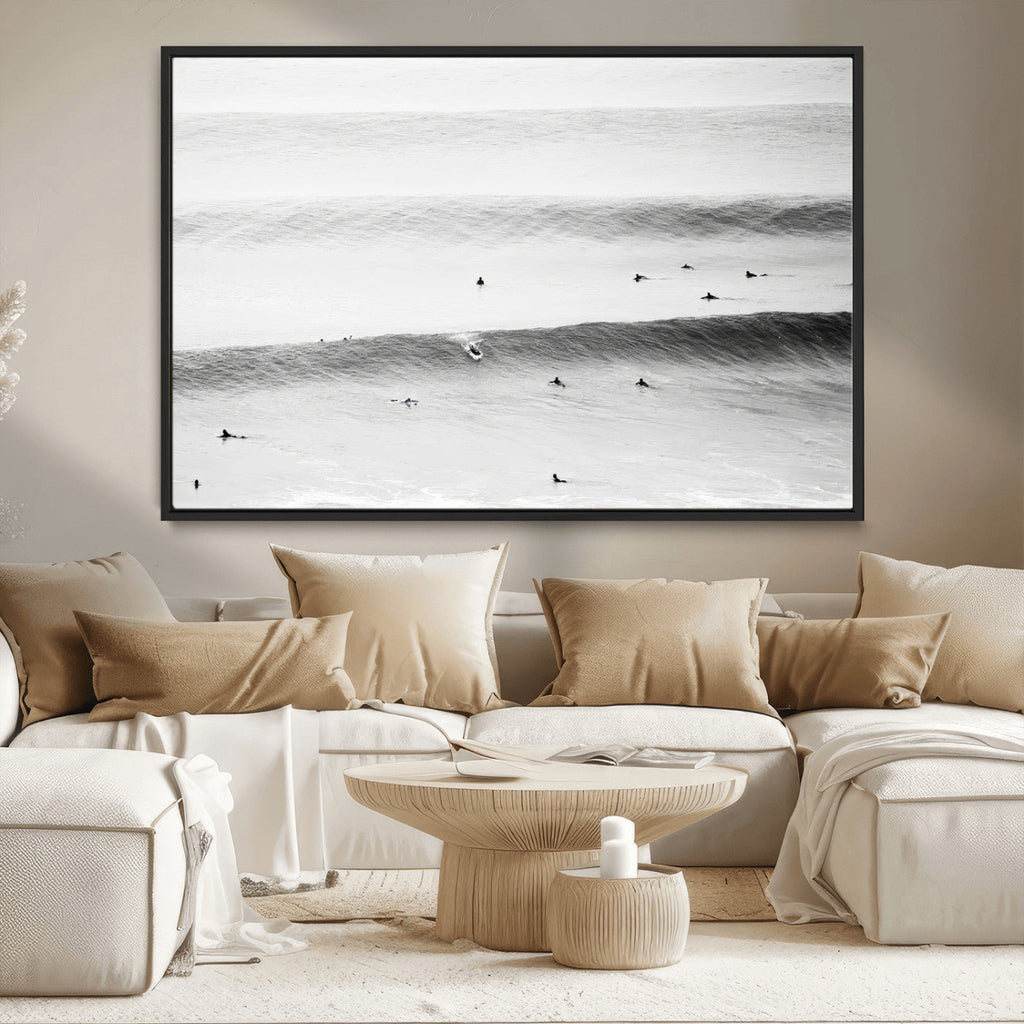 Black White Ocean Wall Art Canvas Print, Framed Coastal Sport and Ocean Swimmers Scene