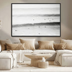 Black White Ocean Wall Art Canvas Print, Framed Coastal Sport and Ocean Swimmers Scene