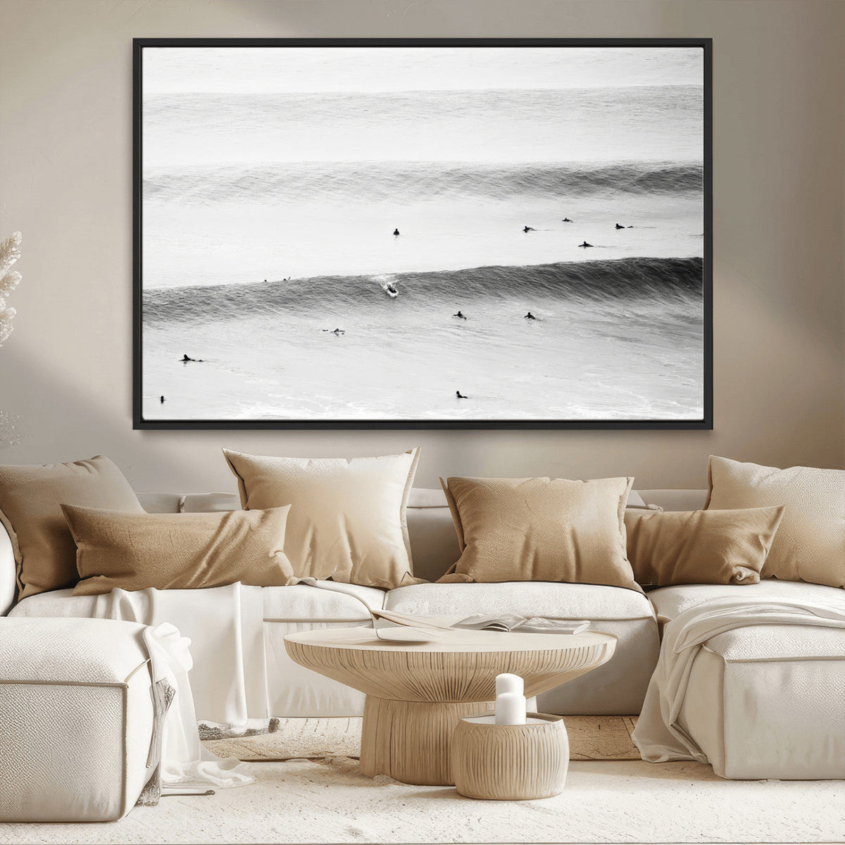 Black White Ocean Wall Art Canvas Print, Framed Coastal Sport and Ocean Swimmers Scene