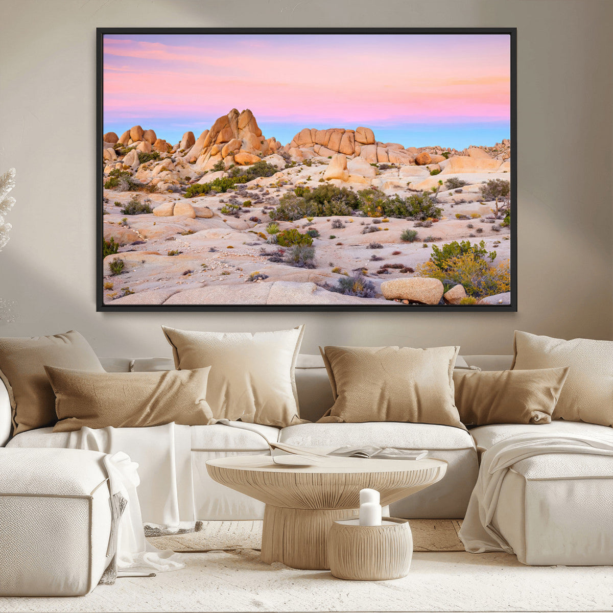 Vibrant Sunset Sky Wall Art Canvas Print, Framed Joshua Tree Desert Artwork