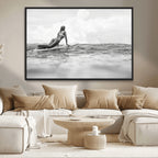 Black and White Surfing Wall Art Canvas Print, Framed Ocean Horizon Surfer Girl