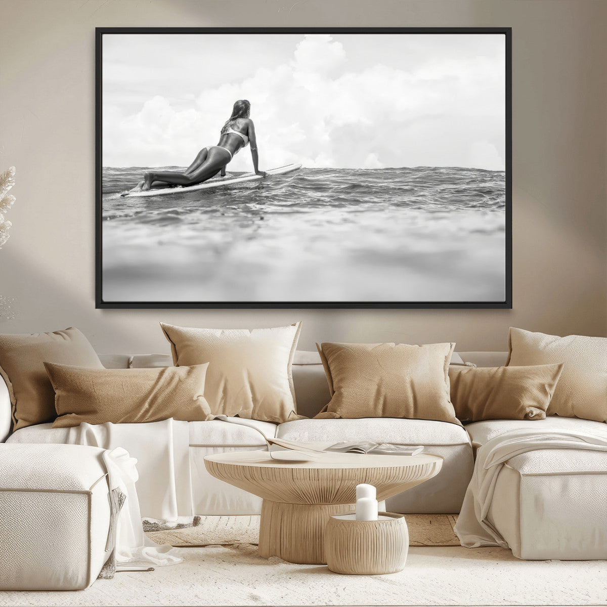 Black and White Surfing Wall Art Canvas Print, Framed Ocean Horizon Surfer Girl