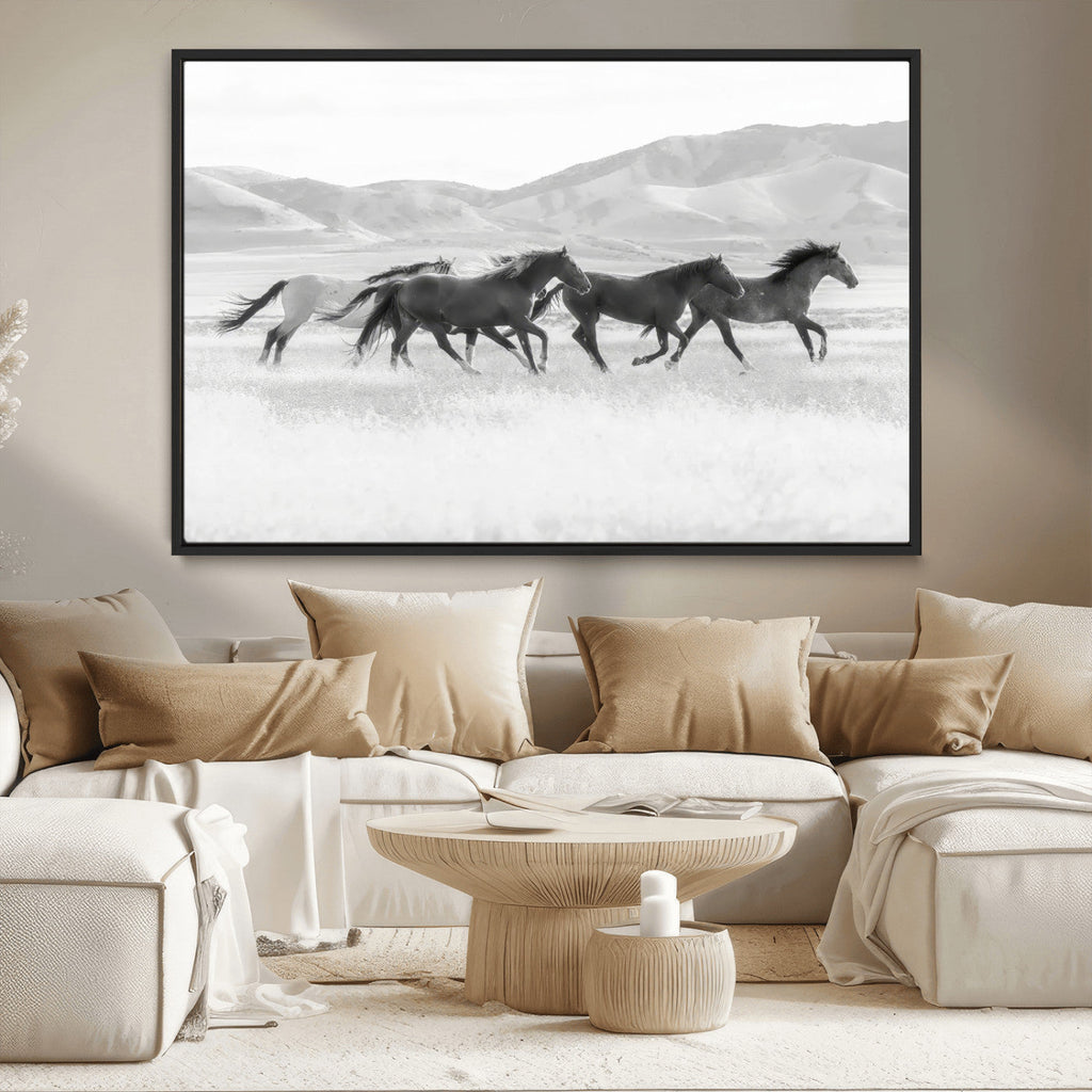 Wild Horses Running Wall Art Canvas Print, Framed Black White Mustangs Artwork