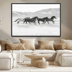 Wild Horses Running Wall Art Canvas Print, Framed Black White Mustangs Artwork