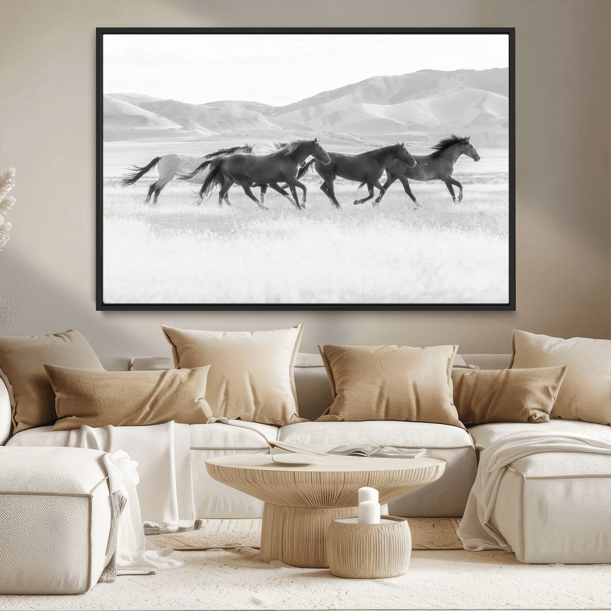 Wild Horses Running Wall Art Canvas Print, Framed Black White Mustangs Artwork