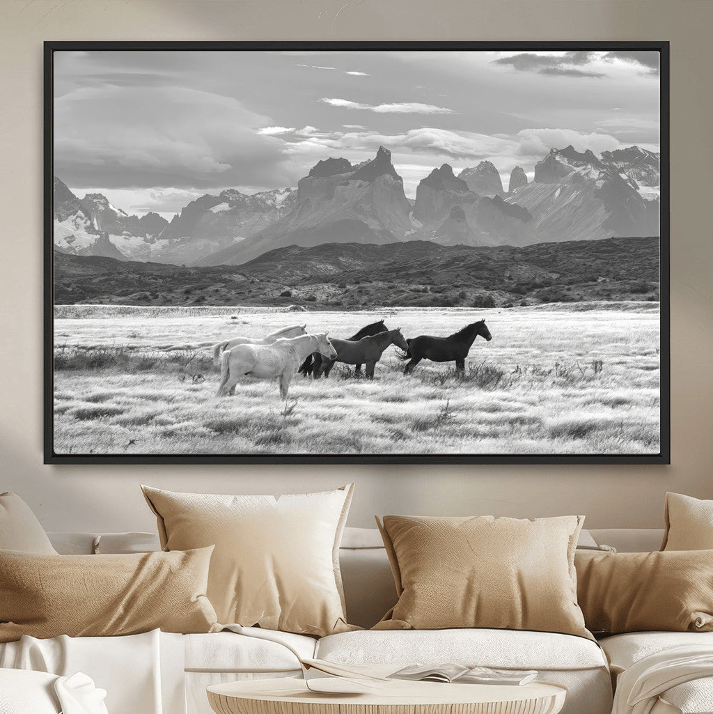 Wild Horses Wall Art | Framed Black White Mountain Canvas