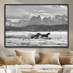 Wild Horses Wall Art | Framed Black White Mountain Canvas