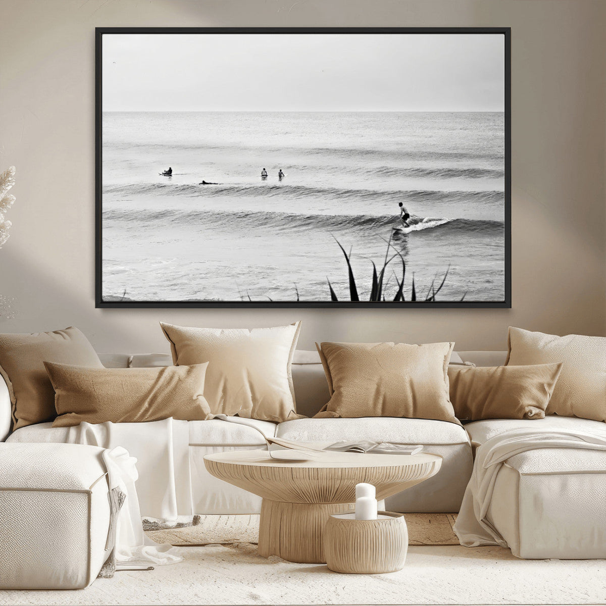 Surfer Silhouette Wall Art Canvas Print, Framed Calm Ocean Monochrome Surf
