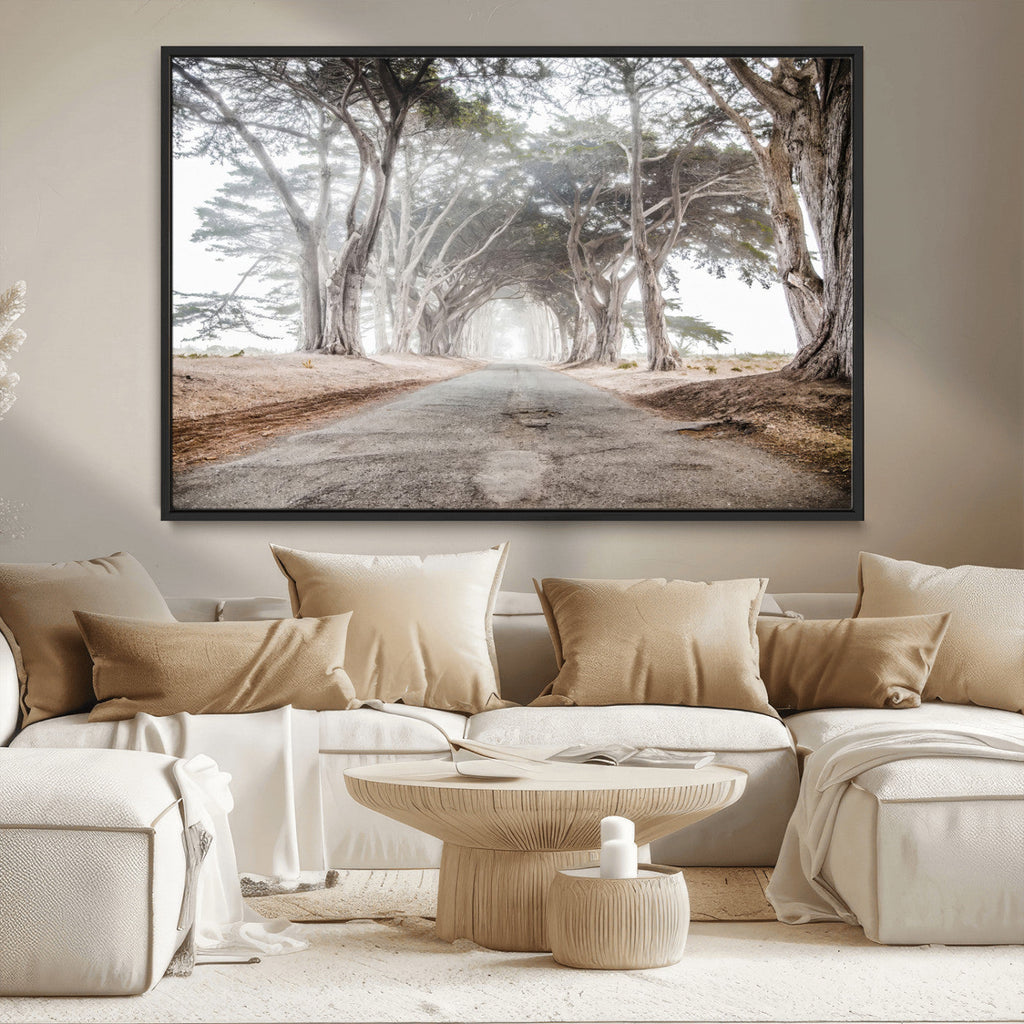 Cypress Tunnel Wall Art | Framed Misty Road Canvas Artwork