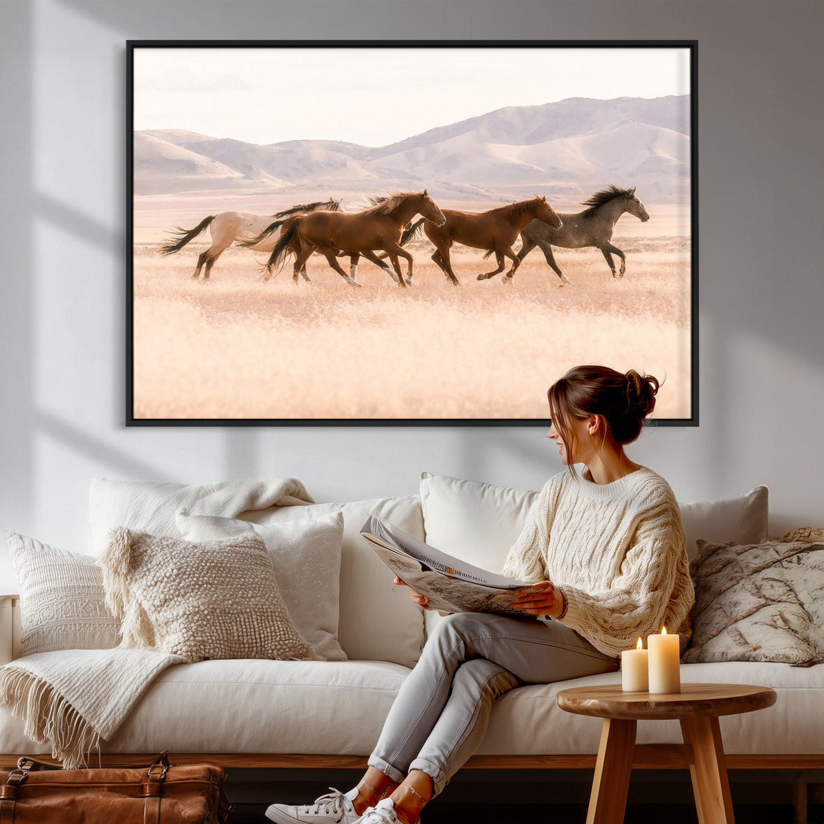 Wild Horse Wall Art Canvas Print, Framed Rustic Western Art, Desert Horse Scene