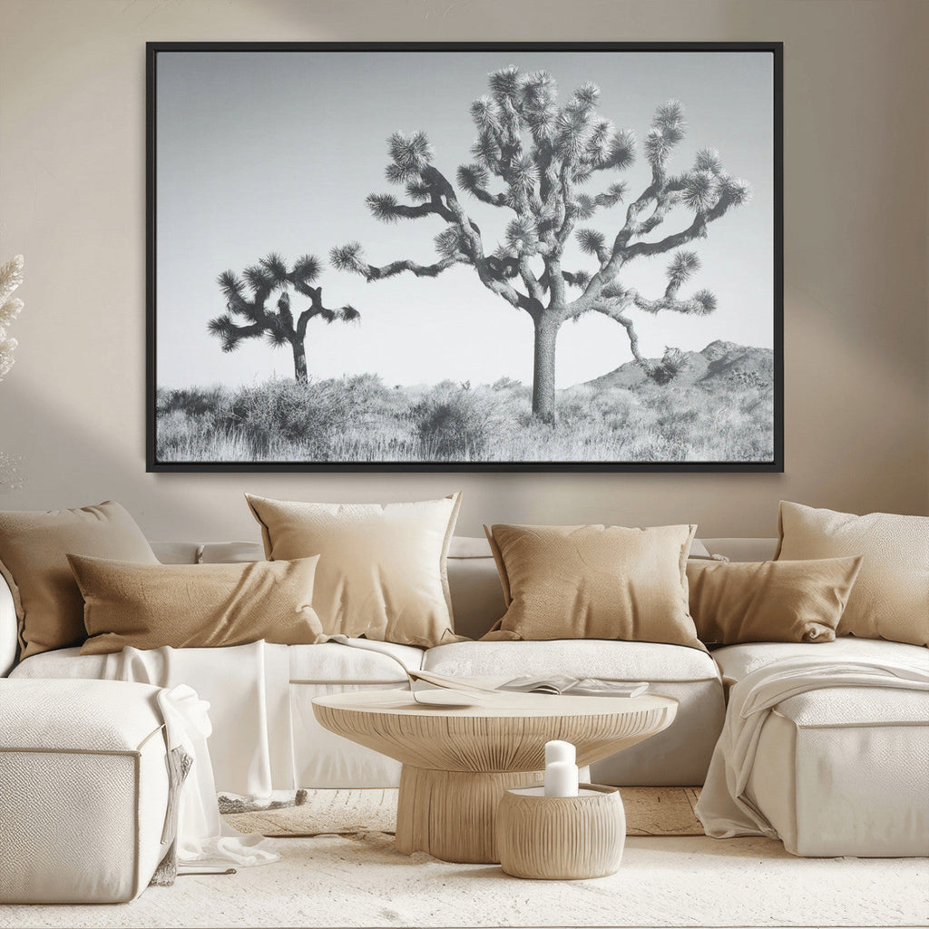 Joshua Tree Wall Art Canvas Print, Framed Black and White Desert Landscape Artwork