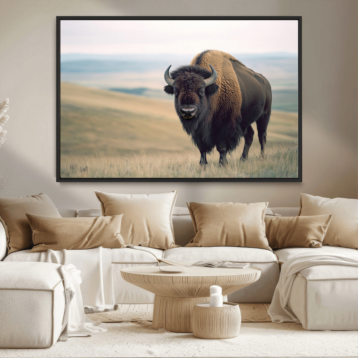 Bison Wall Art Canvas Print, Framed American Buffalo Rustic Western Artwork