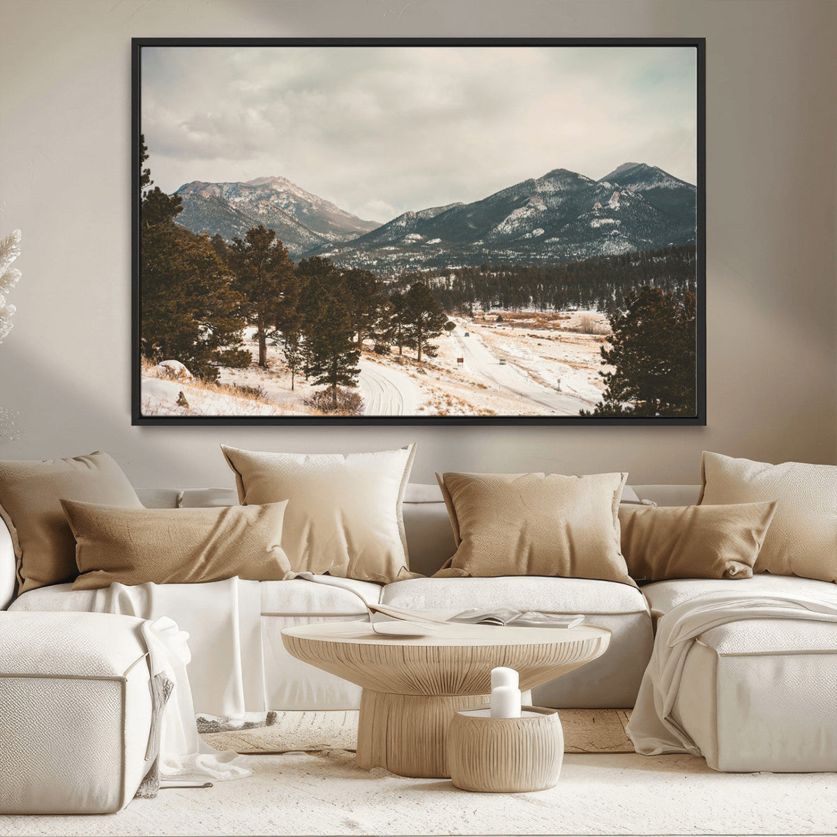 Mountain Landscape Wall Art Canvas Print, Framed Snowy Peaks Alpine Winter