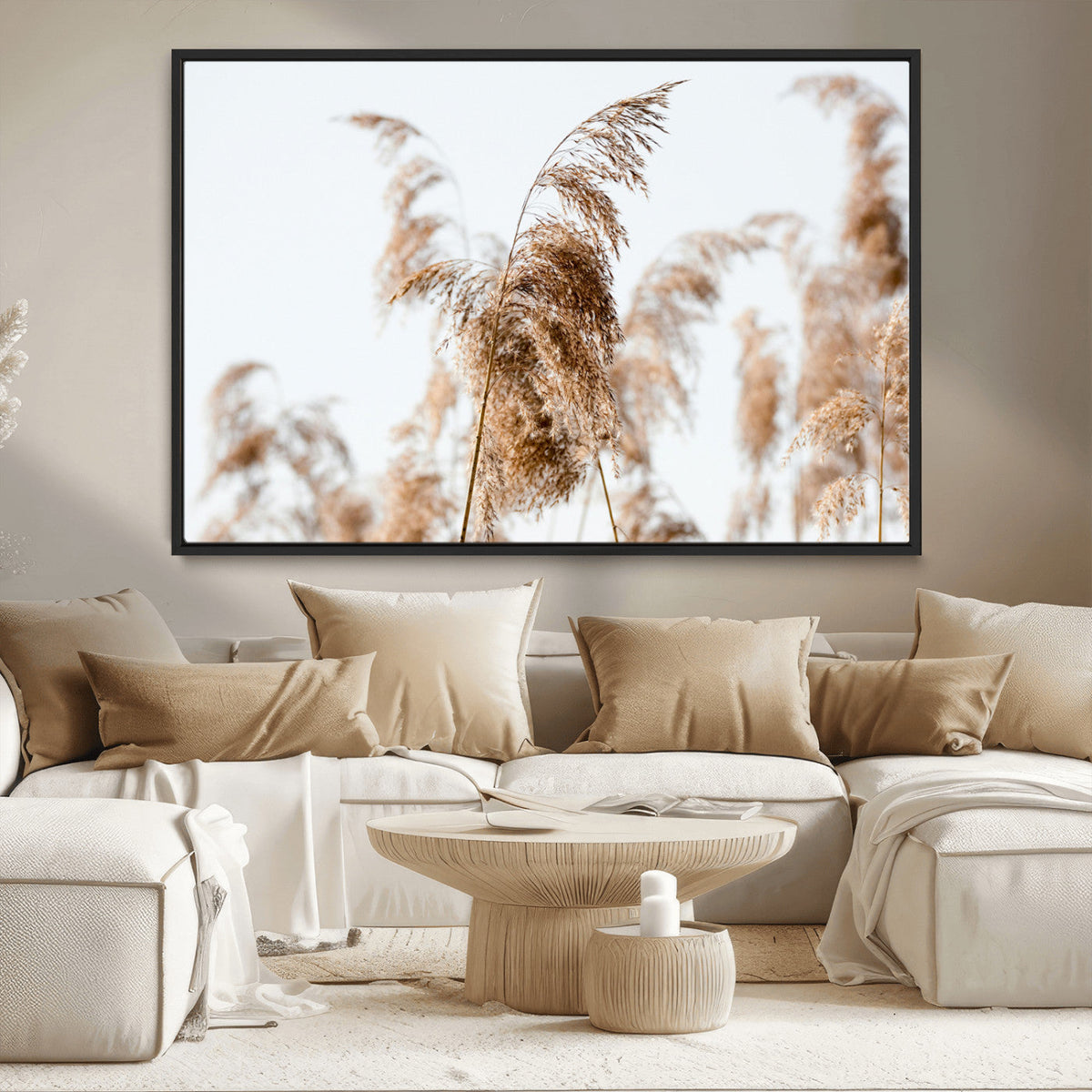 Pampas Grass Wall Art Canvas Print, Framed Neutral Tones Minimalist Boho