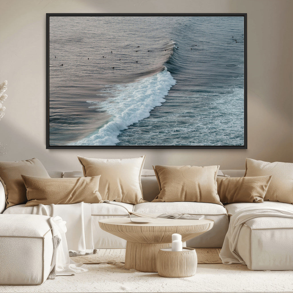Ocean Waves Wall Art Canvas Print, Framed Coastal Serenity Surf Scene
