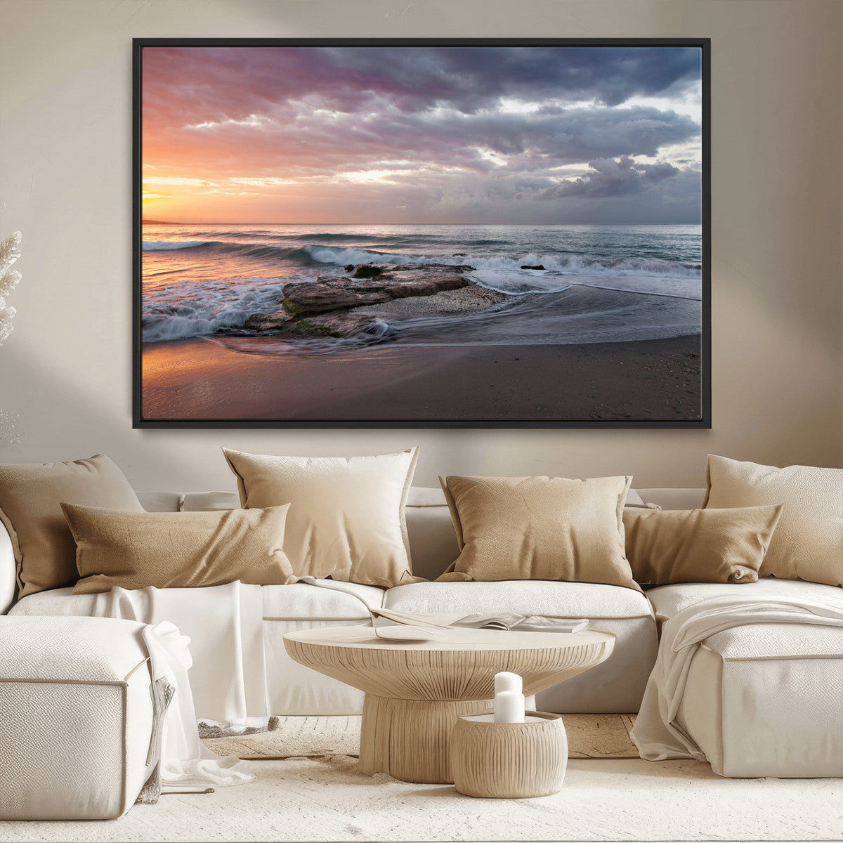 Golden Hour Wall Art Canvas Print, Framed Tranquil Waves Beach Sunset