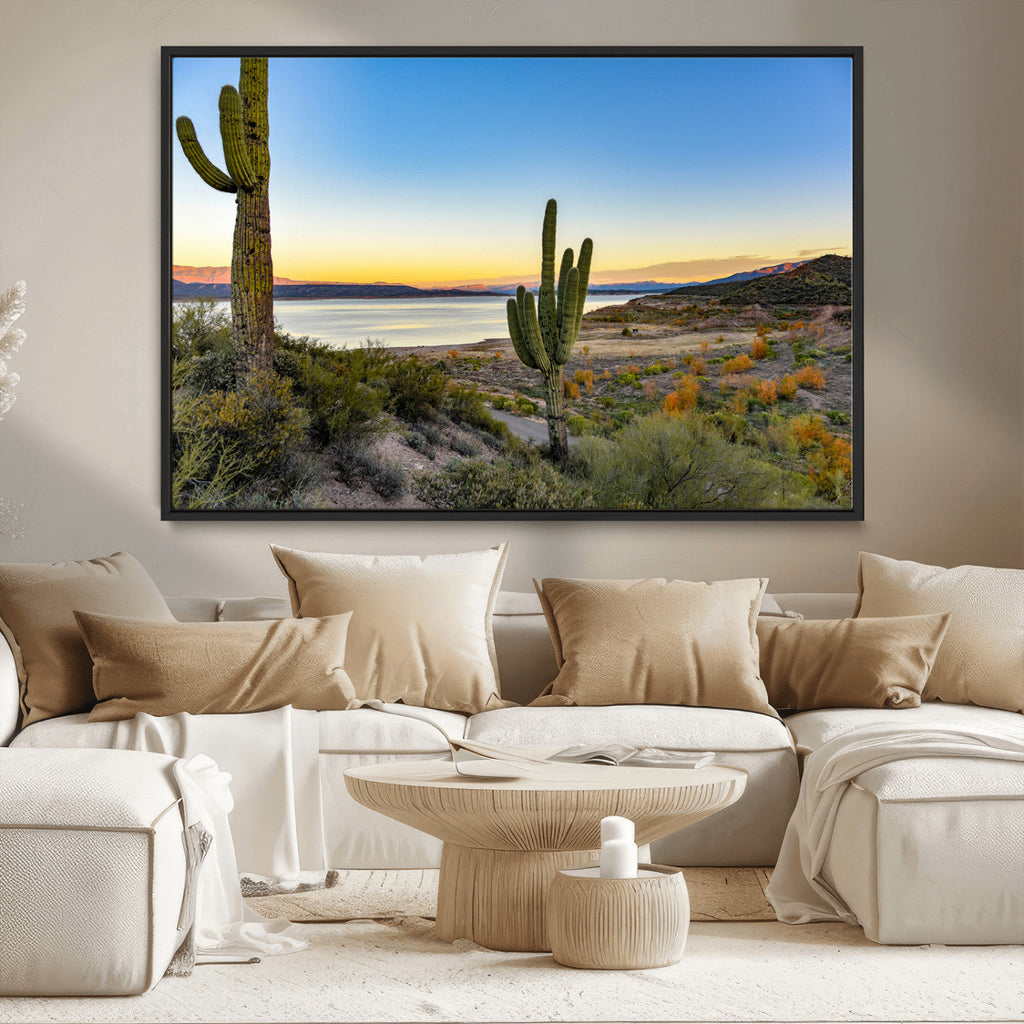 Saguaro Cactus Wall Art Canvas Print, Framed Desert Sunset Southwestern