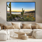 Saguaro Cactus Wall Art Canvas Print, Framed Desert Sunset Southwestern
