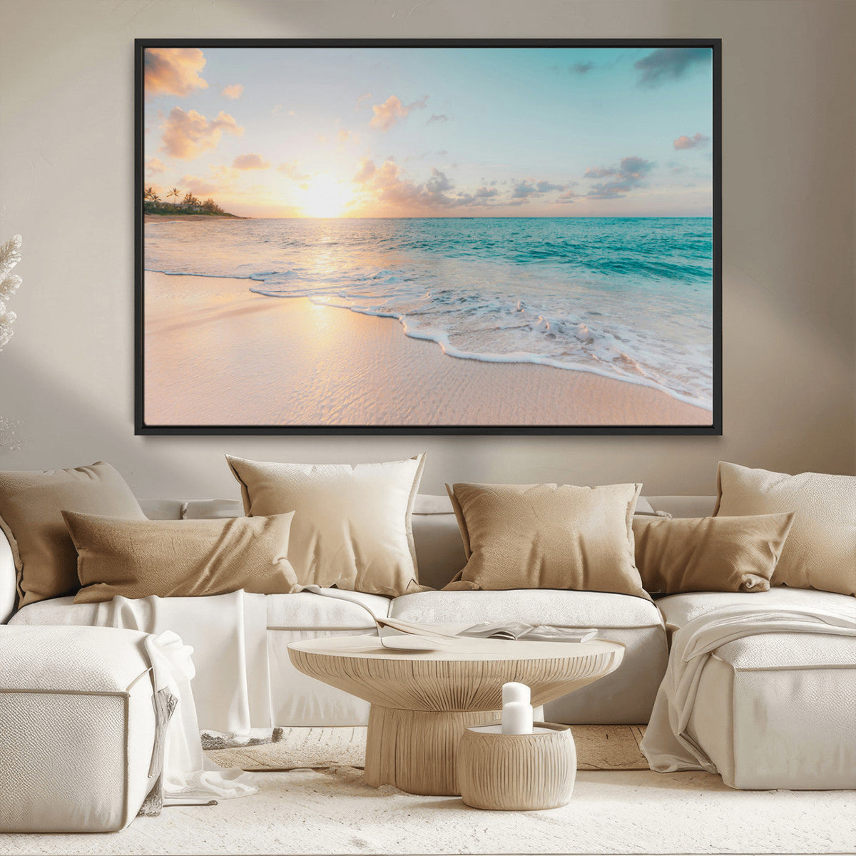 Beach Sunset Wall Art Canvas Print, Framed Ocean Waves Summer Escape
