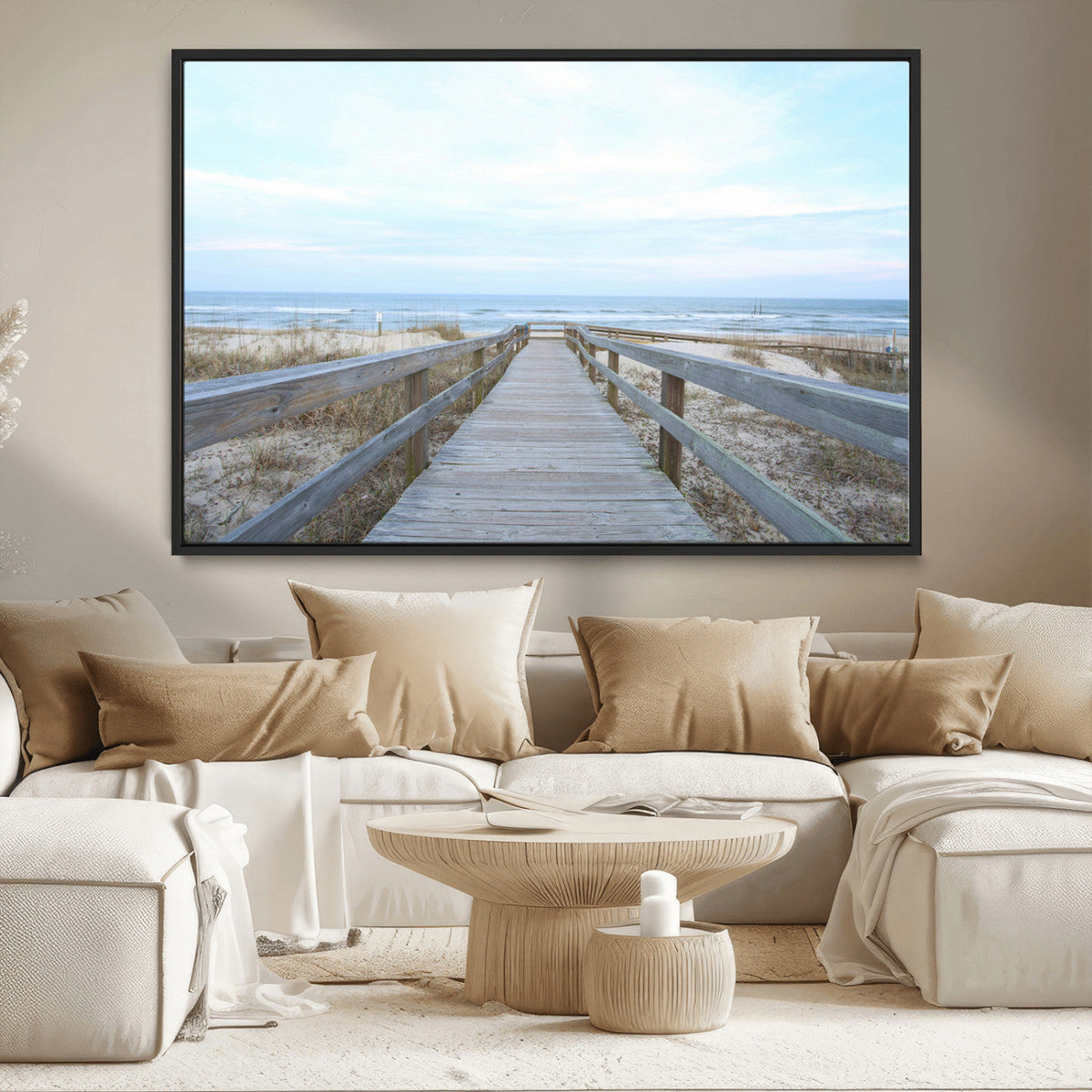 Beach Boardwalk Wall Art Canvas Print, Framed Coastal Serenity Ocean View