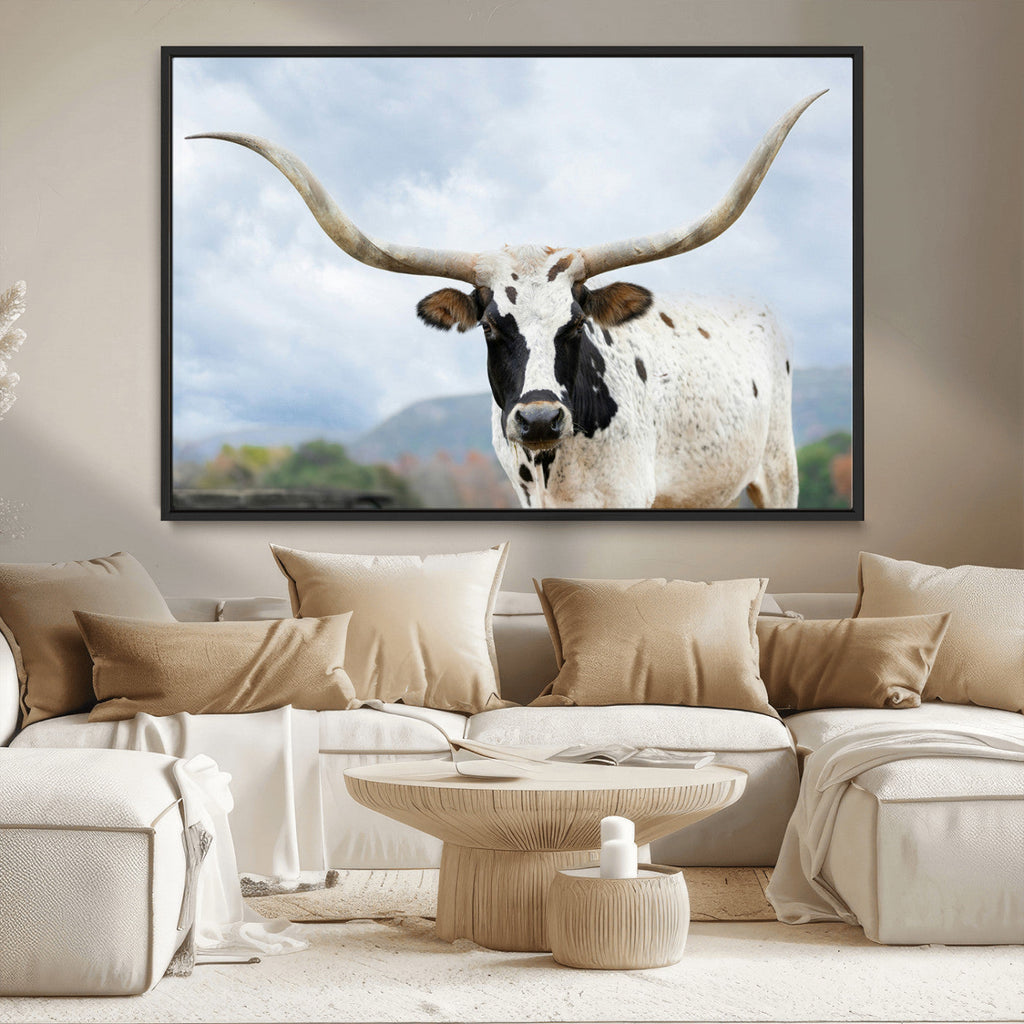 Texas Longhorn Wall Art Canvas Print, Framed Western Rustic Farmhouse