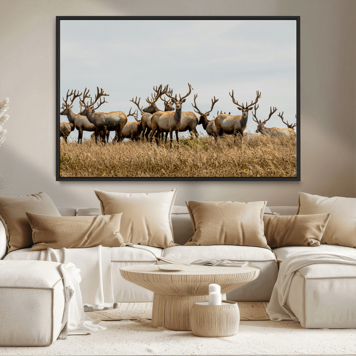 Elk Herd Wall Art Canvas Print, Framed Wildlife Photography Art, Majestic Antlers Rustic Wildlife Decor