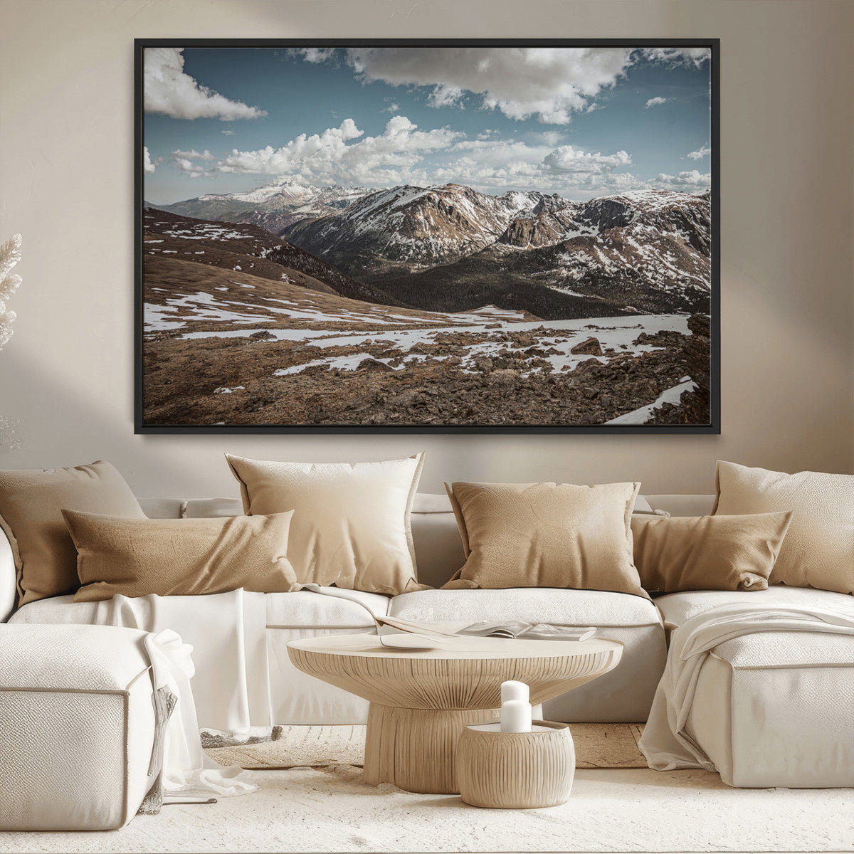 Mountain Landscape Wall Art Canvas Print, Framed Snowy Peaks Art, Rugged Highlands Rustic Adventure Decor