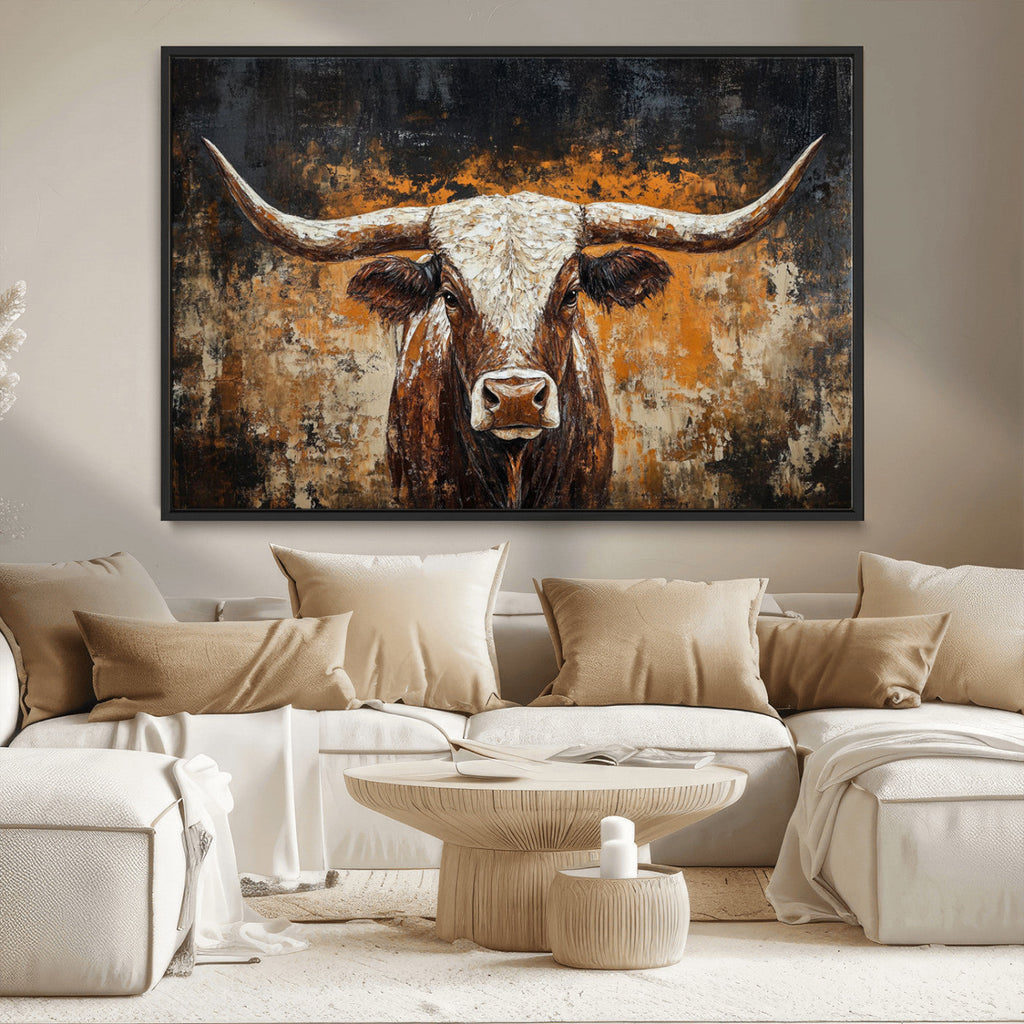 Abstract Longhorn Bull Wall Art Canvas Print, Vintage Western Texas Steer Artwork