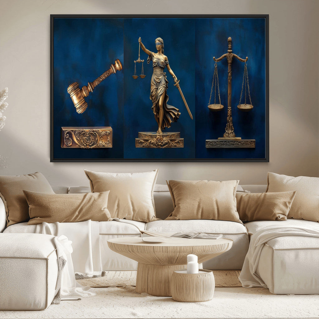 Lady Justice Wall Art Canvas Print, Elegant Gold Legal Symbols on Blue, Law Office Decor