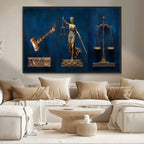 Lady Justice Wall Art Canvas Print, Elegant Gold Legal Symbols on Blue, Law Office Decor