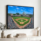 Wrigley Field Baseball Stadium Canvas Wall Art, Packed Crowd and Chicago Skyline