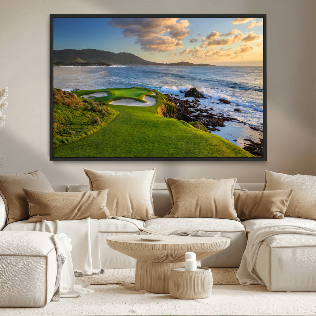 Coastal Golf Course Wall Art Canvas Print, Sunset with Rolling Green Fairways and Ocean Waves
