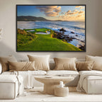 Coastal Golf Course Wall Art Canvas Print, Sunset with Rolling Green Fairways and Ocean Waves