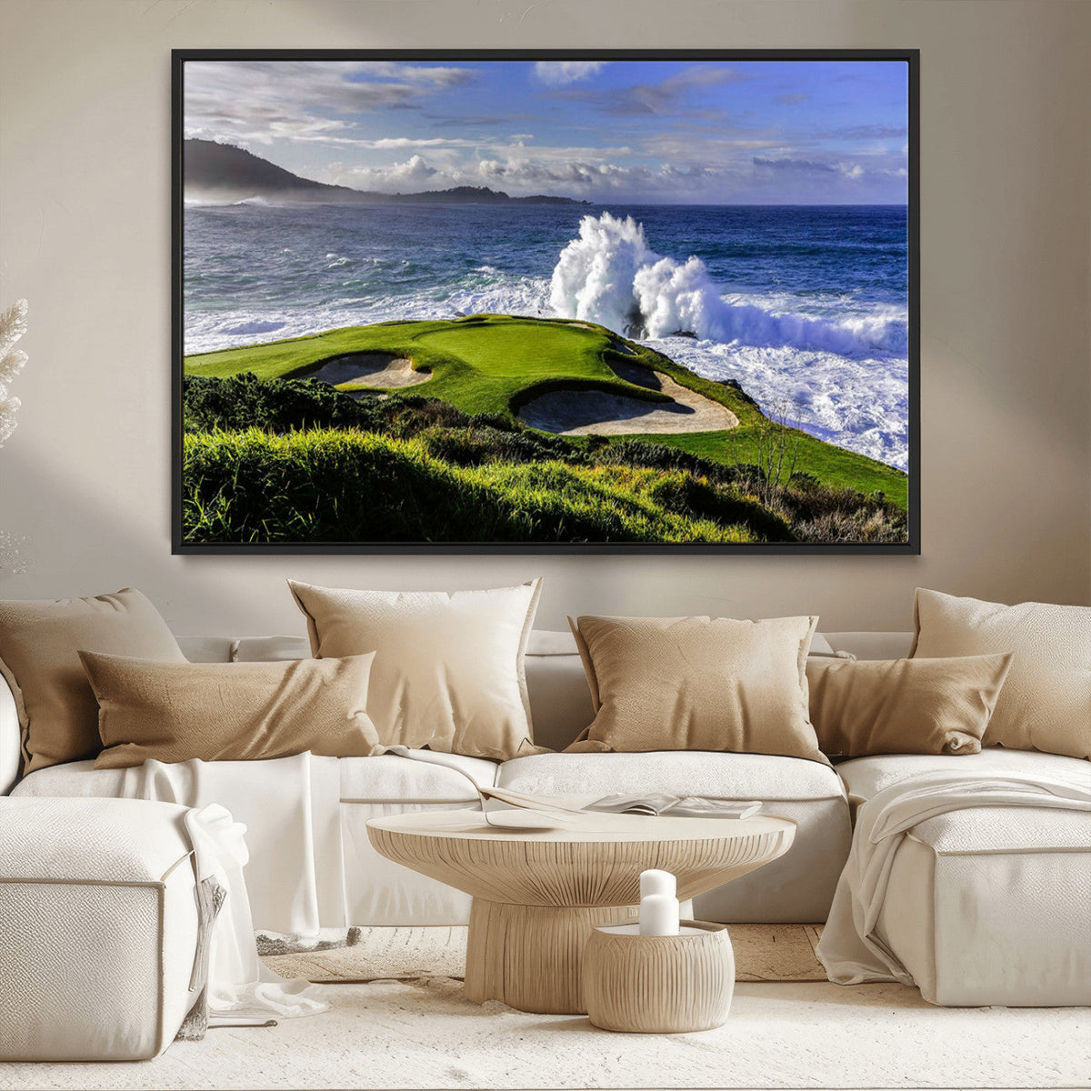 Ocean Waves Crashing Wall Art Canvas Print, Dramatic Rocky Coastline Near a Golf Course