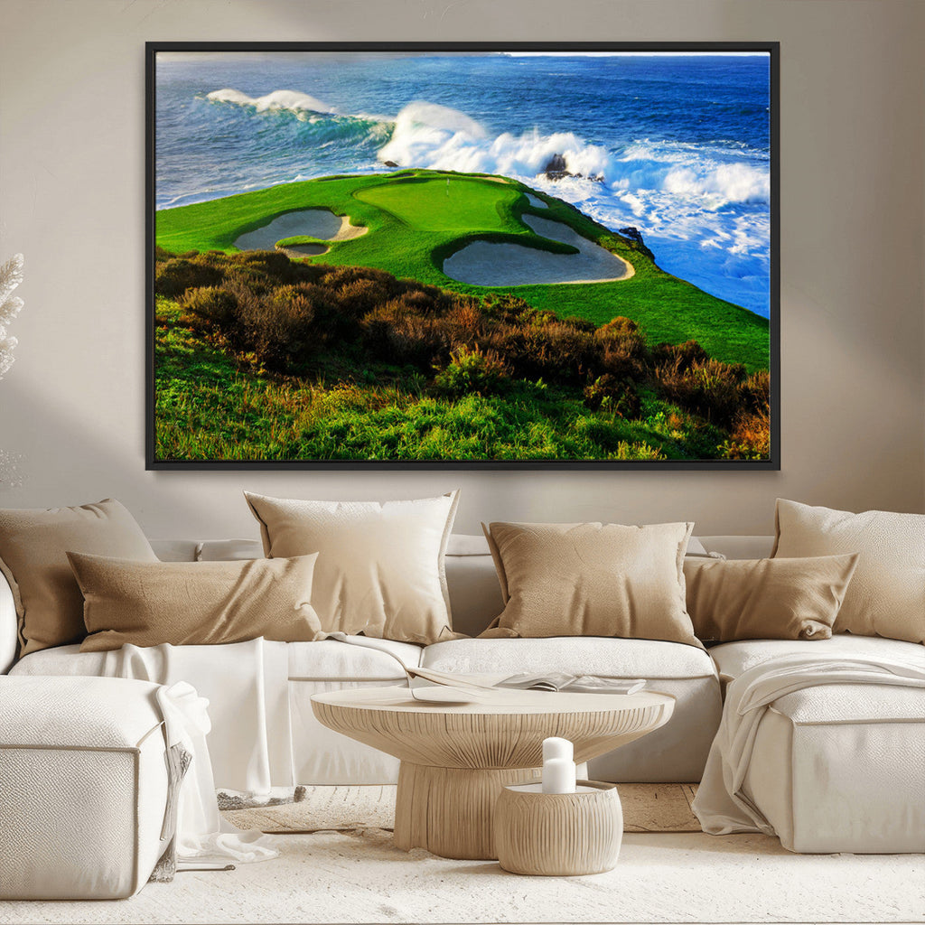 Coastal Golf Course Wall Art Canvas Print, Vibrant Green with Sand Bunkers and Ocean Waves