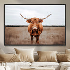 Longhorn Bull Wall Art Canvas Print, Framed Rustic Decor