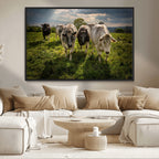 Grazing Cattle Herd Wall Art Canvas Print, Framed Green Pasture Farm Scene