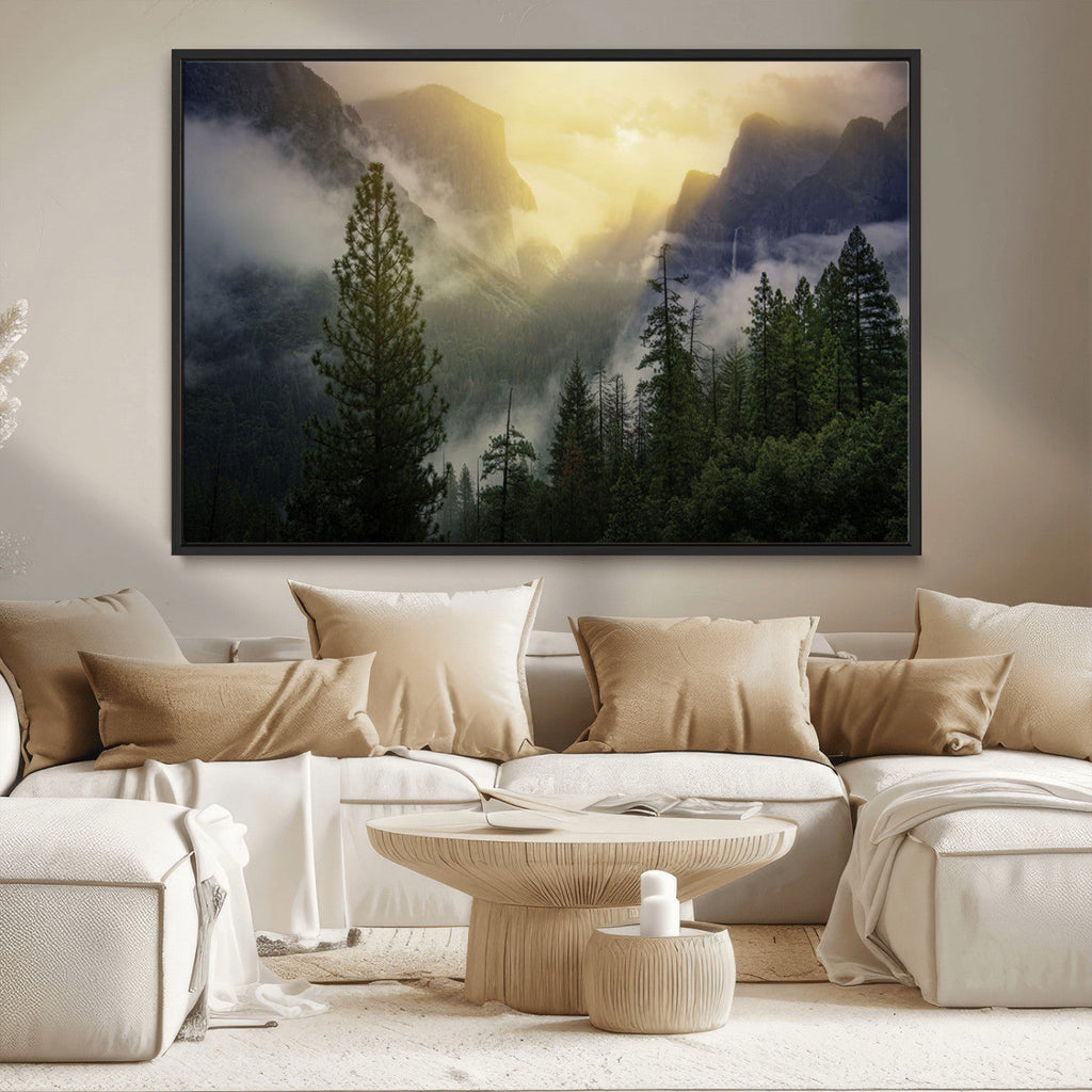 Misty Forest Sunrise Wall Art Canvas Print, Framed Mountain Valley Pine Trees