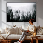 Foggy Forest Wall Art Canvas Print, Mountain Woodland Landscape, Minimal Nature Decor