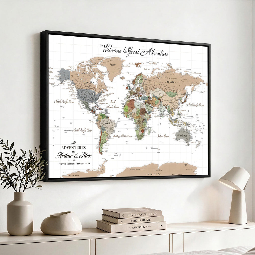 Custom Beige Push Pin World Map Wall Art, Bucket List Map, Study and Hallway Decor