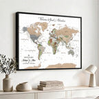 Custom Beige Push Pin World Map Wall Art, Bucket List Map, Study and Hallway Decor