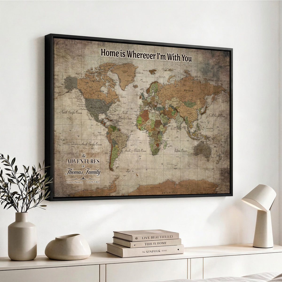Personalized Beige Geometric World Map Canvas with Push Pins, Next Trip Planner Map, Study and Entryway Decor