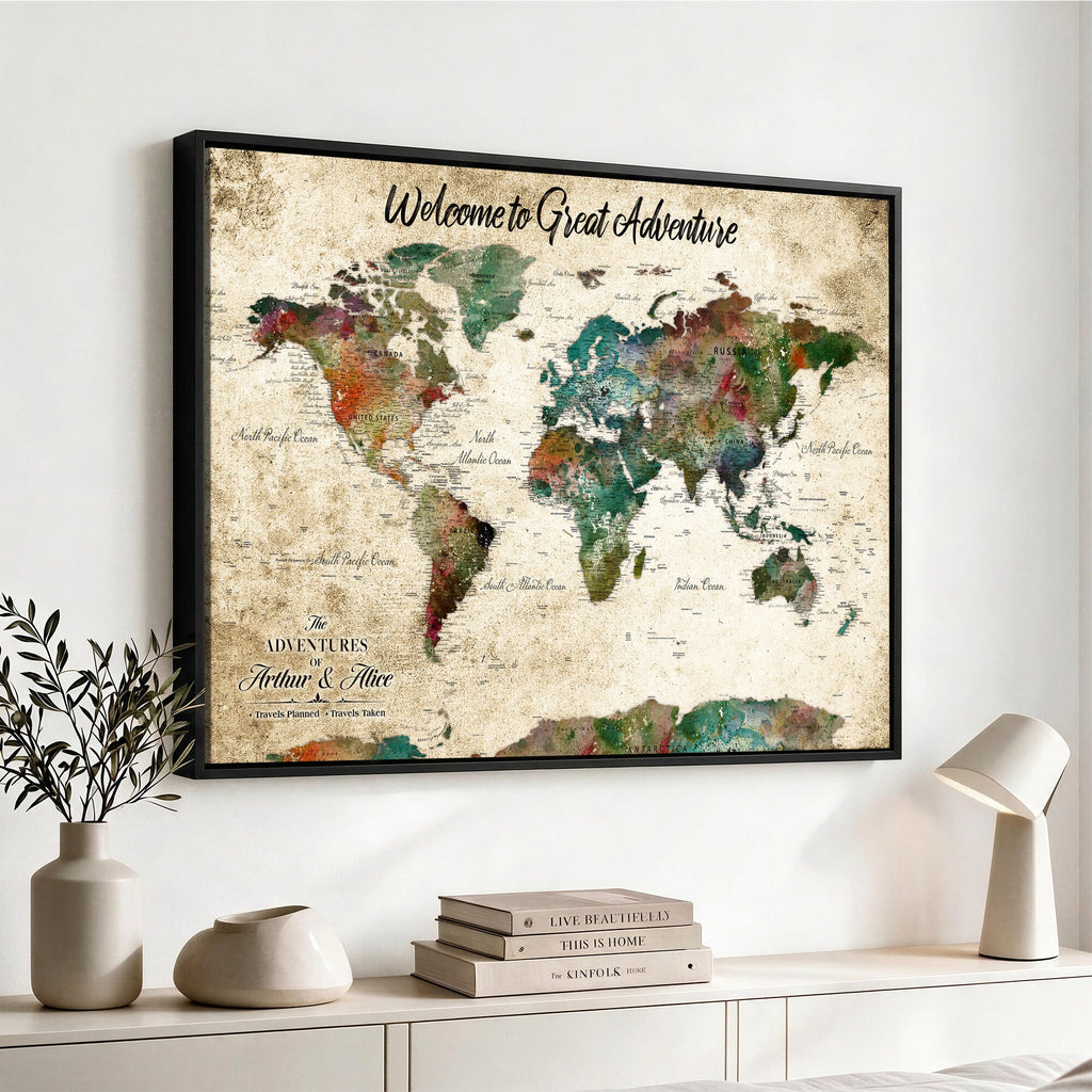 Personalized Beige Grunge World Map Canvas with Push Pins, Next Trip Planner Map, Family Room and Home Office Decor