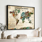Personalized Beige Grunge World Map Canvas with Push Pins, Next Trip Planner Map, Family Room and Home Office Decor